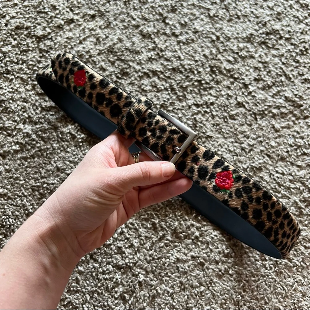 Leopard Print Belt with Red Rose Embroidery - Women Accessories